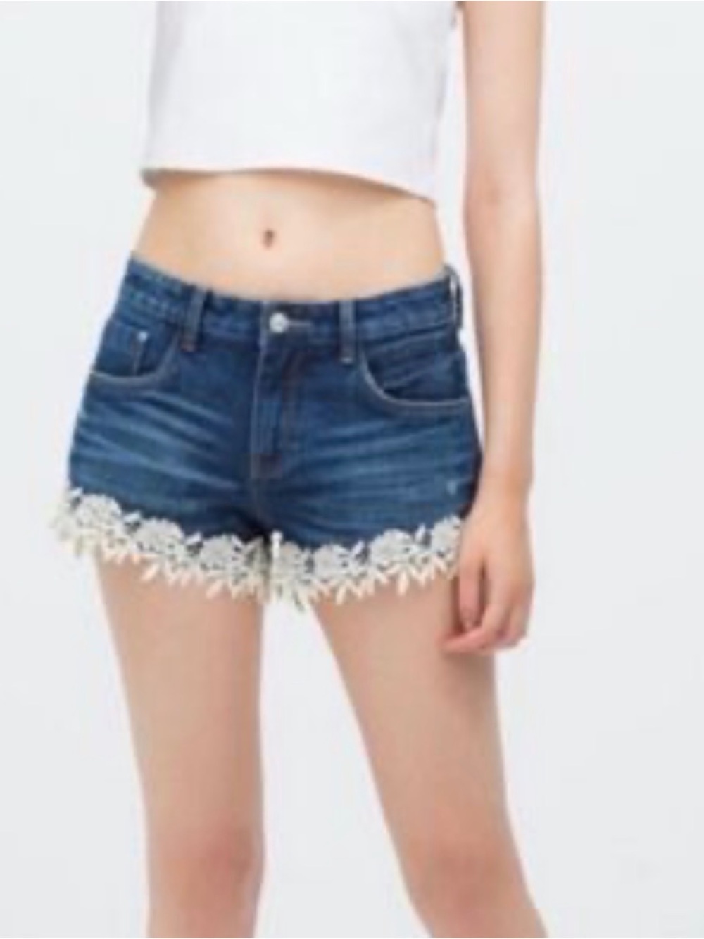 Zara Blue Denim Shorts with White Lace Trim
